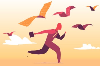 Sociaal werker die met een beleidskoffer op straat rent en daarmee de dynamiek van sociaal werk en beleid uitbeeld